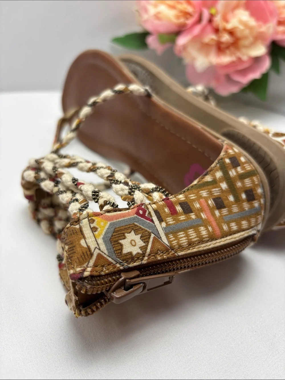 bp Womens 6 Multi Texture Brown and Beige Braided‎ T-Strap Sandals#475